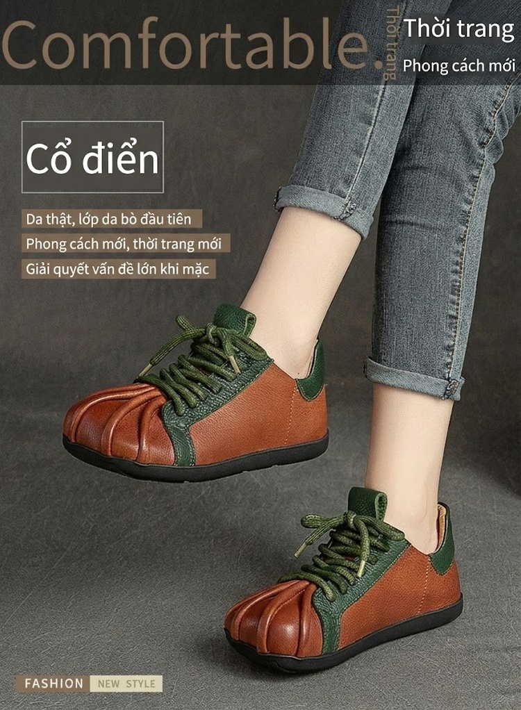 Giày Lười Nữ Da Bò Cổ Thấp Buộc Dây Màu Đen, Nâu, Xanh Lá Chiều Cao Đế Khoảng 1cm chi tiết 2