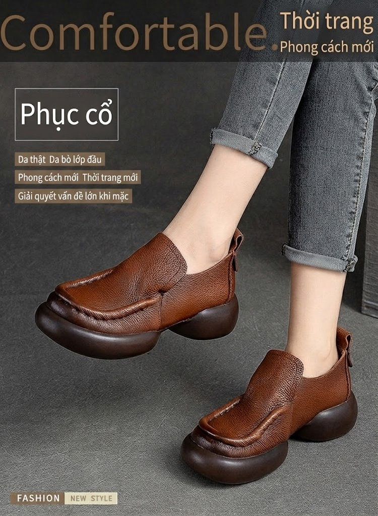 Giày Lười Nữ Da Bò Đế Dày Chiều Cao Đế Khoảng 4cm Màu Đen, Nâu chi tiết 2