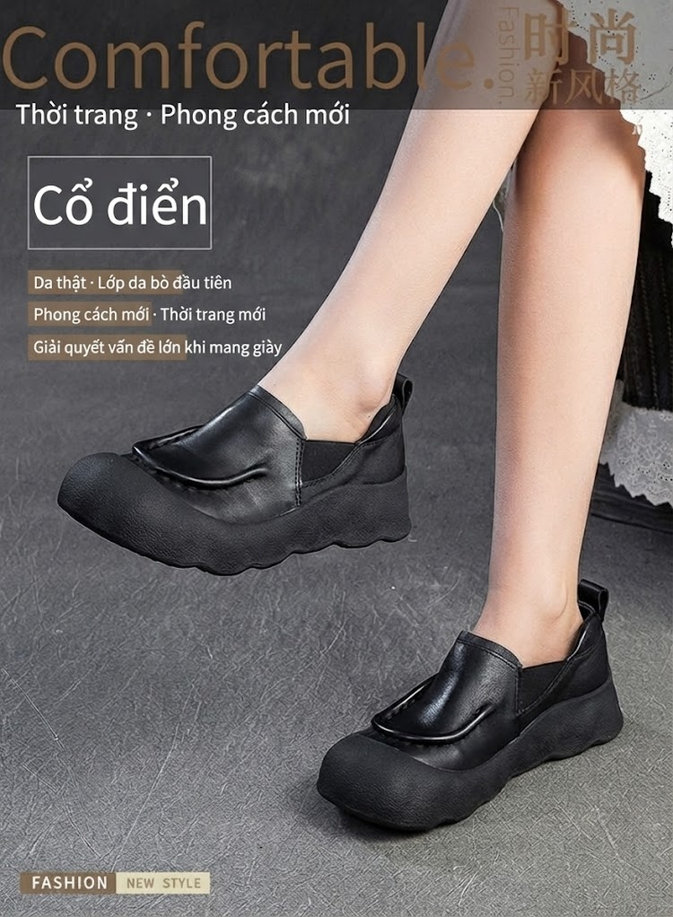 Giày Lười Nữ Da Bò Đế Dày Chiều Cao Đế Khoảng 4cm Màu Đen, Nâu chi tiết 2