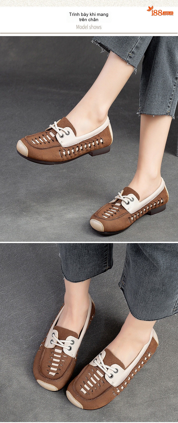 Giày Lười Nữ Da Bò Lỗ Thoáng Khí Mùa Hè Chiều Cao Đế Khoảng 2cm Màu Nâu, Vàng, Đỏ chi tiết 6