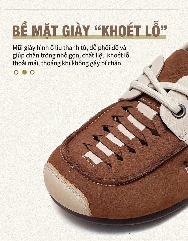 Giày Lười Nữ Da Bò Lỗ Thoáng Khí Mùa Hè Chiều Cao Đế Khoảng 2cm Màu Nâu, Vàng, Đỏ chi tiết 3