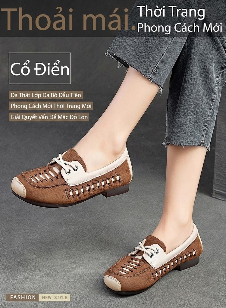 Giày Lười Nữ Da Bò Lỗ Thoáng Khí Mùa Hè Chiều Cao Đế Khoảng 2cm Màu Nâu, Vàng, Đỏ chi tiết 1