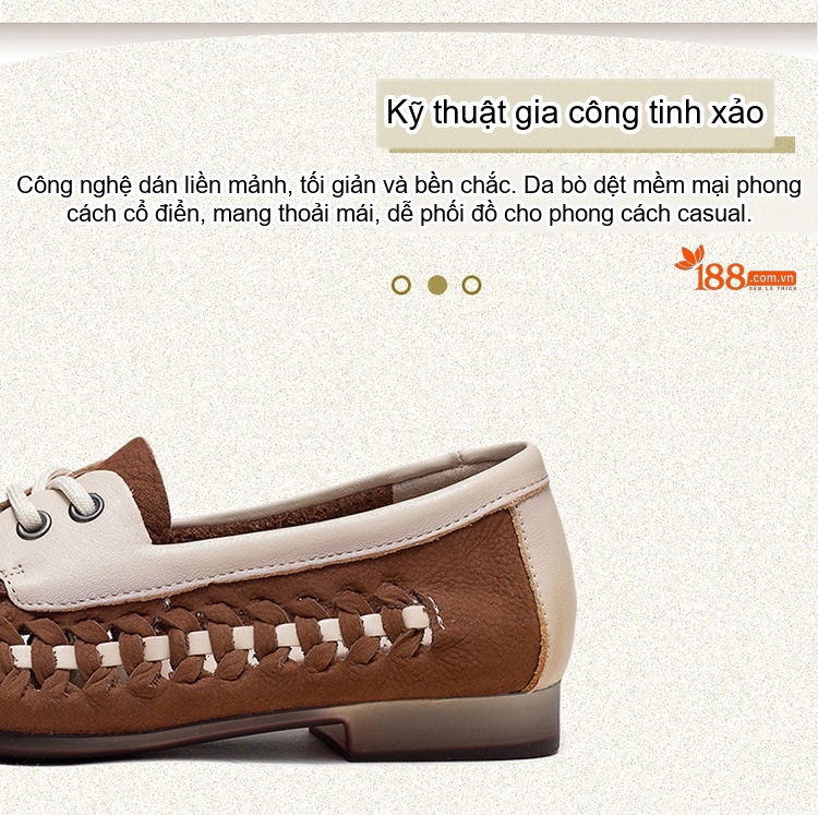 Giày Lười Nữ Da Bò Lỗ Thoáng Khí Mùa Hè Chiều Cao Đế Khoảng 2cm Màu Nâu, Vàng, Đỏ chi tiết 2