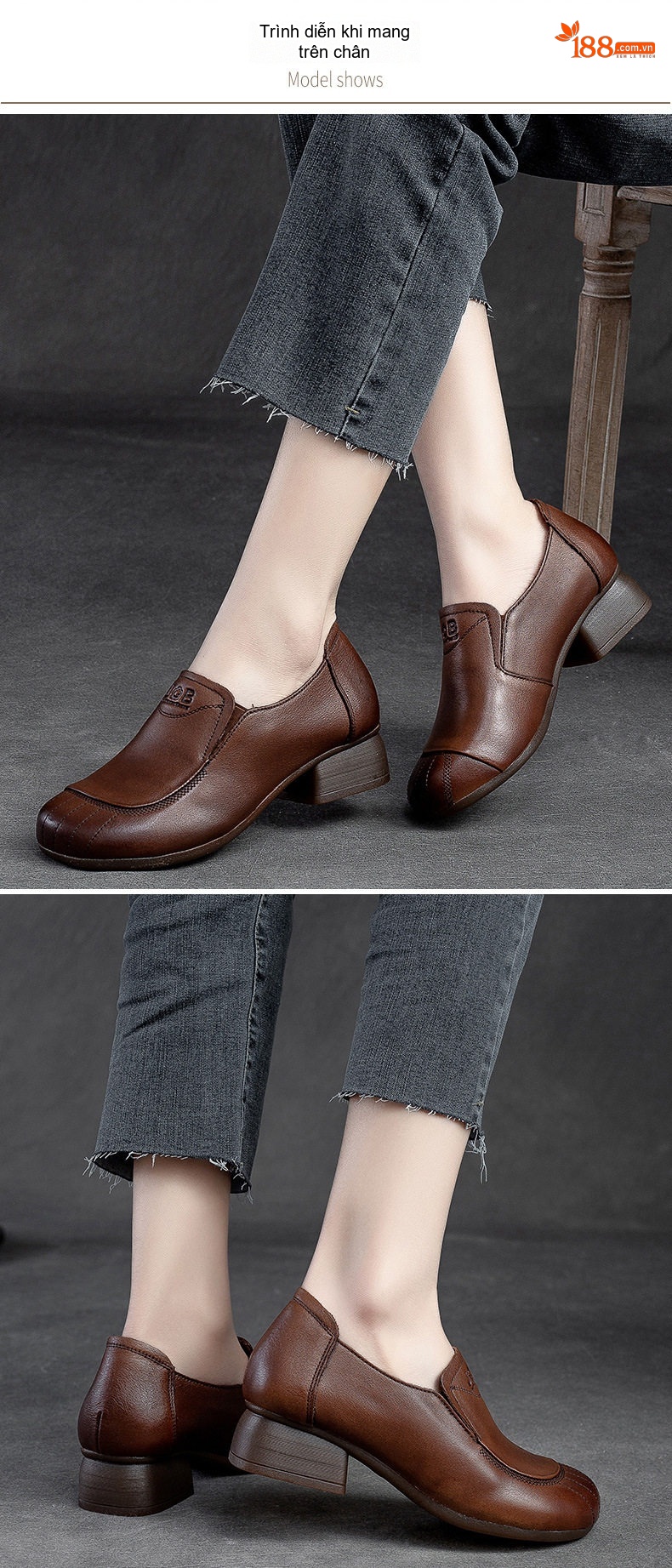 Giày Lười Nữ Da Bò Mũi Tròn Chiều Cao Đế Khoảng 3cm Màu Đen, Nâu chi tiết 6