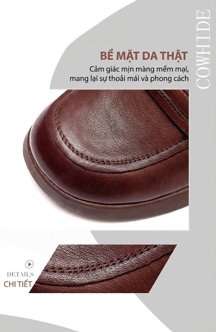 Giày Lười Nữ Da Bò Mũi Tròn Chiều Cao Đế Khoảng 4cm Màu Đen, Nâu chi tiết 3