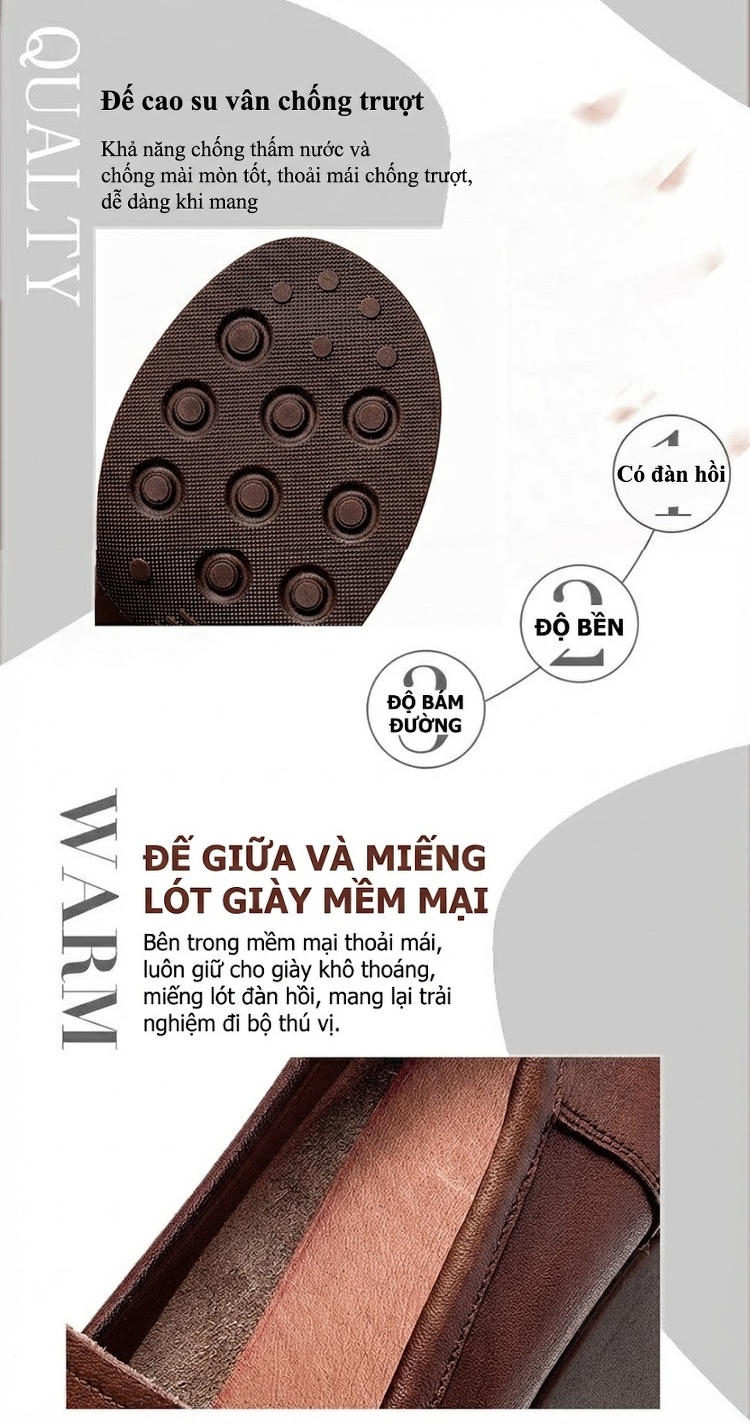 Giày Lười Nữ Da Bò Mũi Tròn Chiều Cao Đế Khoảng 4cm Màu Đen, Nâu chi tiết 4