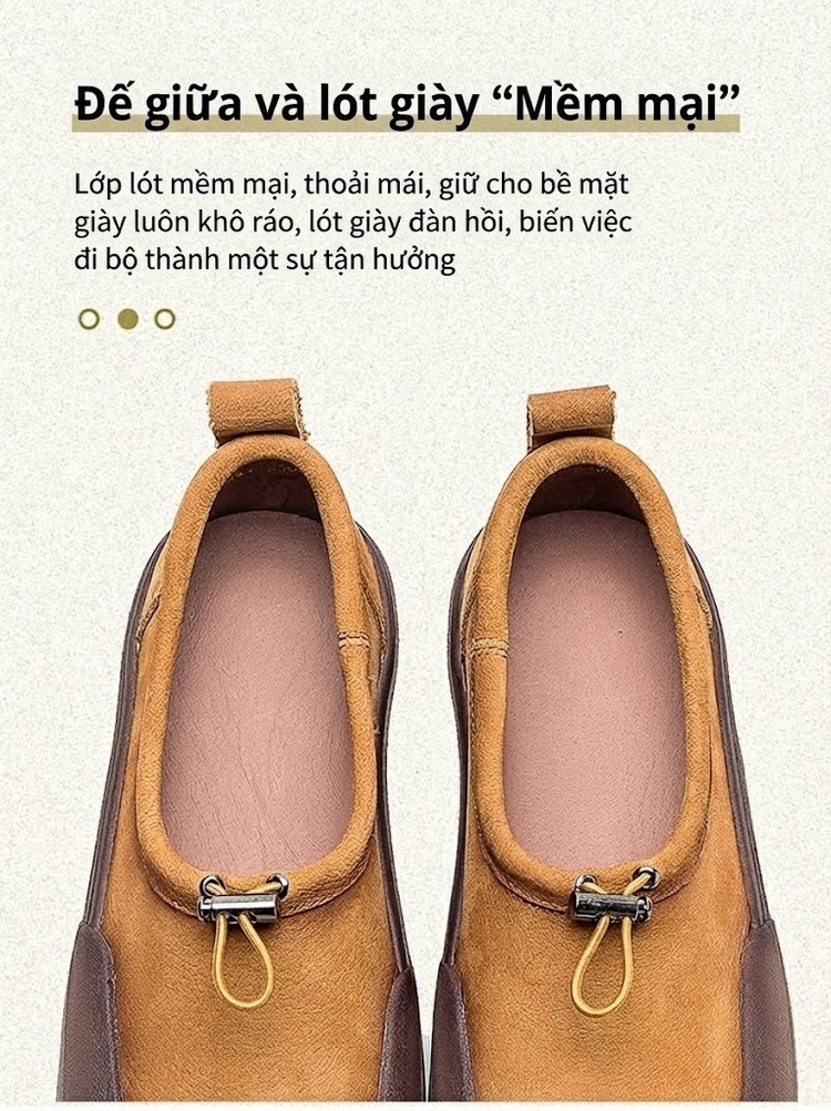 Giày Lười Nữ Da Bò Mũi Tròn Đế Bệt Chiều Cao Đế Khoảng 3cm Phong Cách Retro Màu Nâu, Vàng chi tiết 6