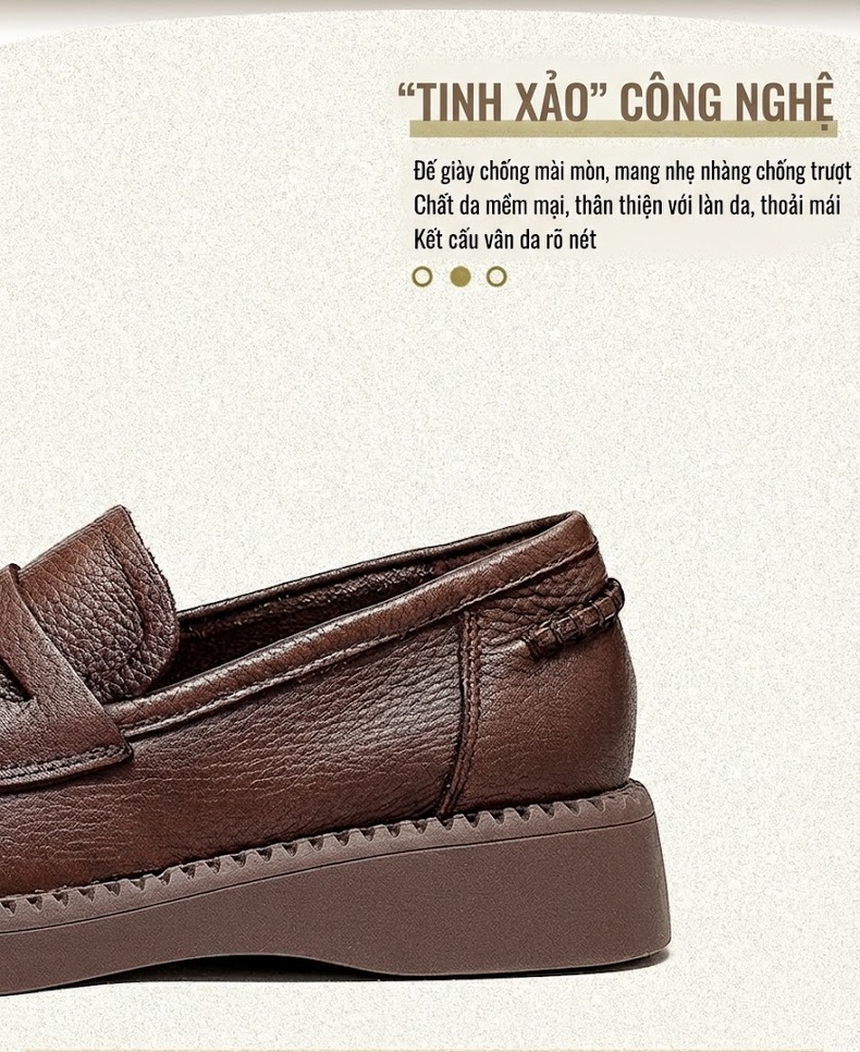 Giày Lười Nữ Da Bò Mũi Tròn Đế Mềm Phong Cách Retro Chiều Cao Đế Khoảng 3cm Màu Đen, Nâu chi tiết 2