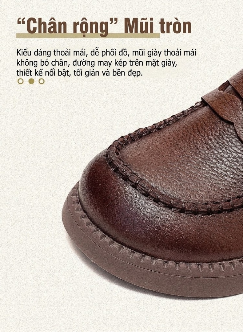 Giày Lười Nữ Da Bò Mũi Tròn Đế Mềm Phong Cách Retro Chiều Cao Đế Khoảng 3cm Màu Đen, Nâu chi tiết 3