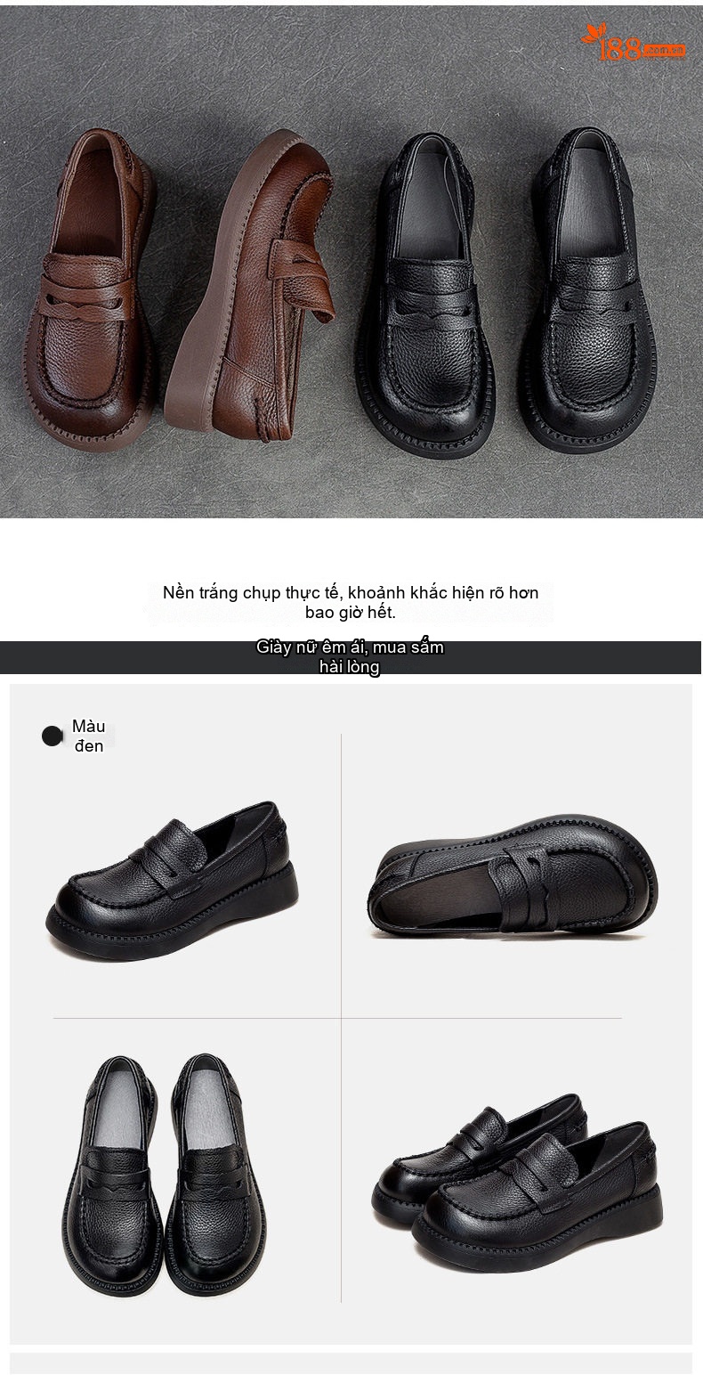 Giày Lười Nữ Da Bò Mũi Tròn Đế Mềm Phong Cách Retro Chiều Cao Đế Khoảng 3cm Màu Đen, Nâu chi tiết 13