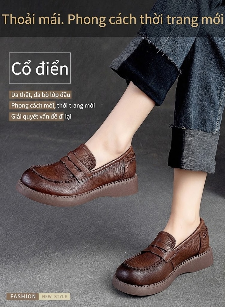 Giày Lười Nữ Da Bò Mũi Tròn Đế Mềm Phong Cách Retro Chiều Cao Đế Khoảng 3cm Màu Đen, Nâu chi tiết 1
