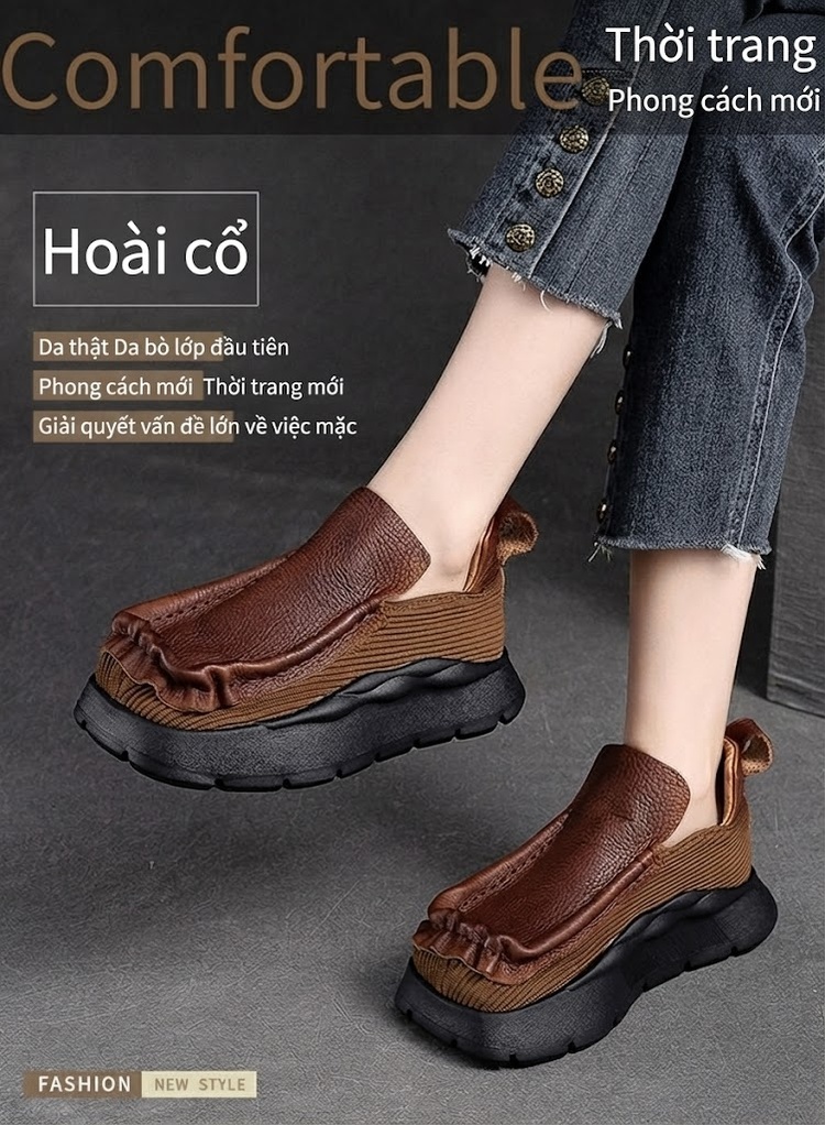 Giày Lười Nữ Da Bò Mũi Vuông Đế Dày Thoải Mái Chiều Cao Đế Khoảng 4cm Màu Đen, Nâu chi tiết 2