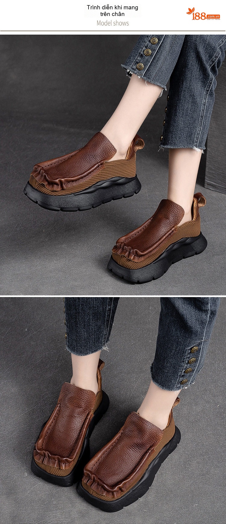 Giày Lười Nữ Da Bò Mũi Vuông Đế Dày Thoải Mái Chiều Cao Đế Khoảng 4cm Màu Đen, Nâu chi tiết 7