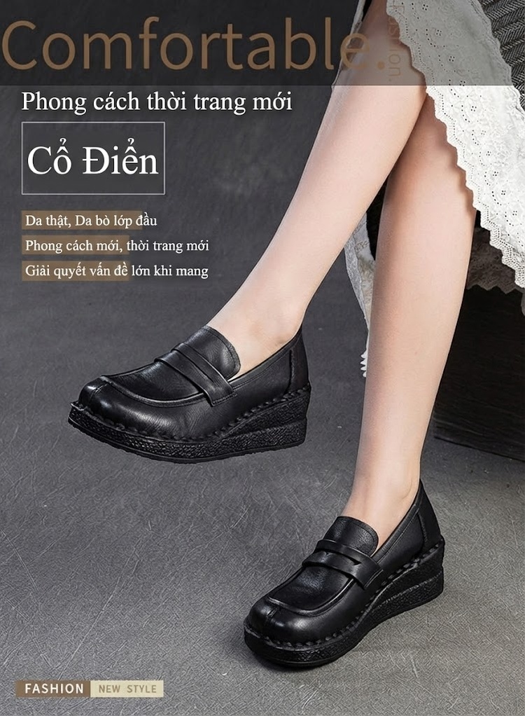 Giày Lười Nữ Da Bò Mũi Vuông Đế Xuồng Chiều Cao Đế Khoảng 4cm Màu Đen, Nâu chi tiết 2