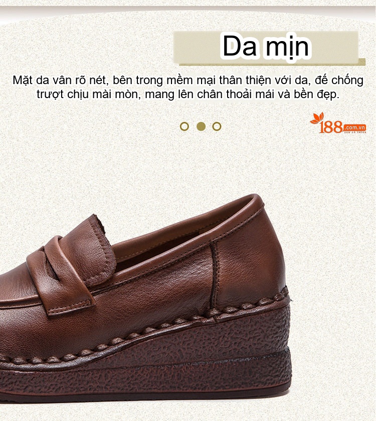 Giày Lười Nữ Da Bò Mũi Vuông Đế Xuồng Chiều Cao Đế Khoảng 4cm Màu Đen, Nâu chi tiết 4