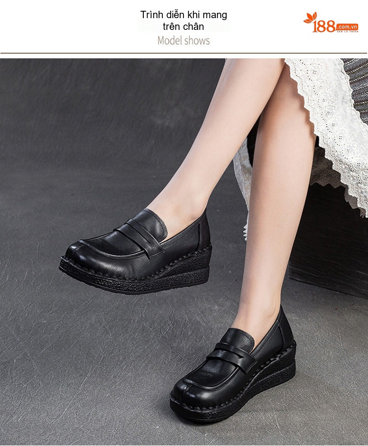 Giày Lười Nữ Da Bò Mũi Vuông Đế Xuồng Chiều Cao Đế Khoảng 4cm Màu Đen, Nâu chi tiết 8