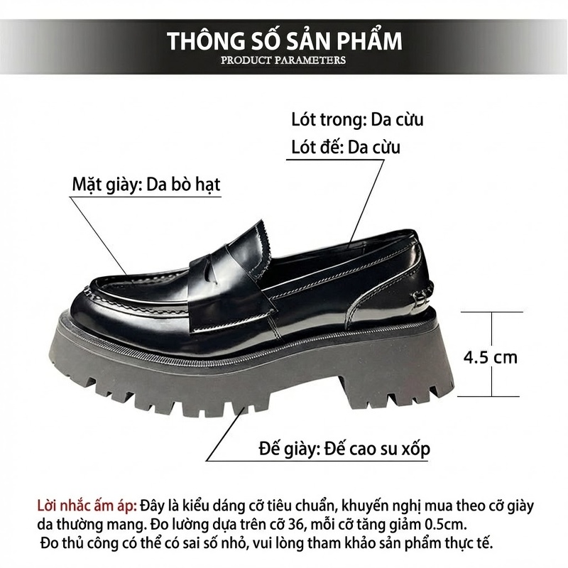 Giày Lười Nữ Da Bò Sần (Da Bò Hạt Cơm) Thời Trang Chiều Cao Đế 4.5cm Màu Đen