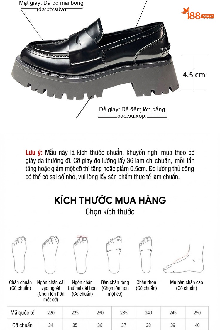 Giày Lười Nữ Da Bò Sần (Da Bò Hạt Cơm) Thời Trang Chiều Cao Đế 4.5cm Màu Đen chi tiết 2