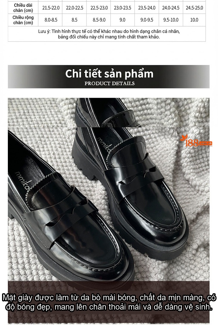 Giày Lười Nữ Da Bò Sần (Da Bò Hạt Cơm) Thời Trang Chiều Cao Đế 4.5cm Màu Đen chi tiết 3