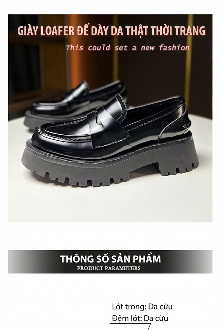 Giày Lười Nữ Da Bò Sần (Da Bò Hạt Cơm) Thời Trang Chiều Cao Đế 4.5cm Màu Đen chi tiết 1