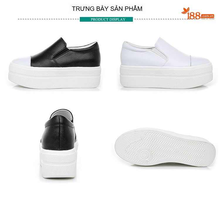 Giày Lười Nữ Da Bóng Đế Bánh Mì Chiều Cao Đế Khoảng 5cm Màu Đen, Trắng chi tiết 13