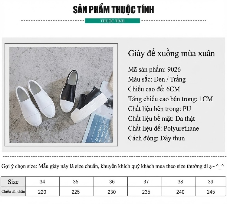 Giày Lười Nữ Da Bóng Đế Bánh Mì Chiều Cao Đế Khoảng 5cm Màu Đen, Trắng chi tiết 1