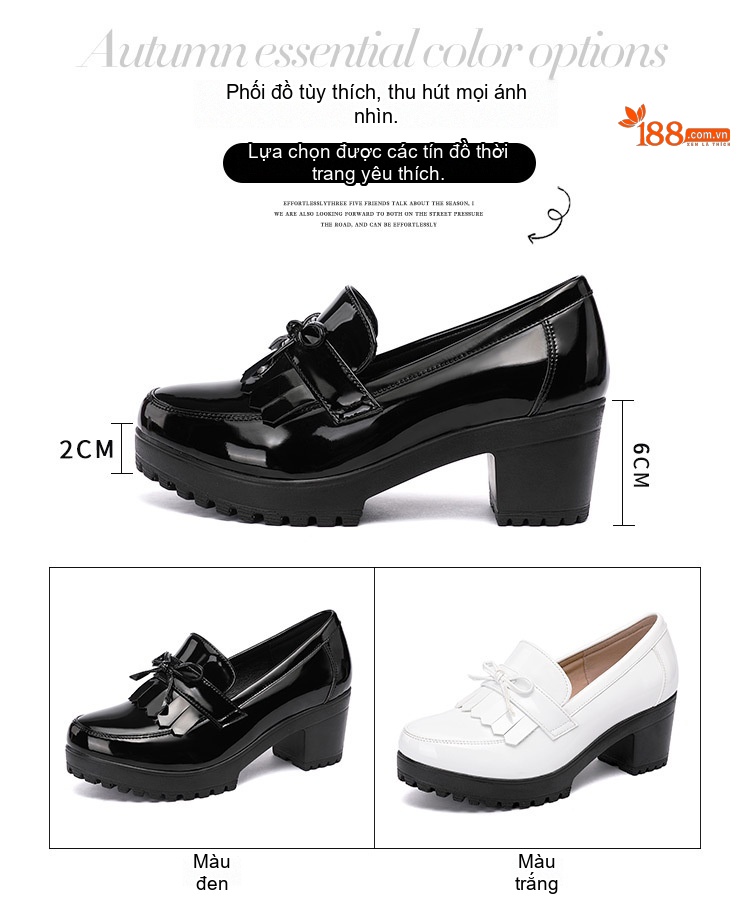 Giày Lười Nữ Da Bóng Đế Răng Cưa Chiều Cao Đế Khoảng 5cm Màu Đen, Trắng chi tiết 4