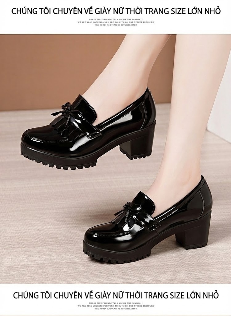 Giày Lười Nữ Da Bóng Đế Răng Cưa Chiều Cao Đế Khoảng 5cm Màu Đen, Trắng chi tiết 9
