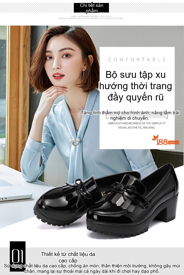 Giày Lười Nữ Da Bóng Đế Răng Cưa Chiều Cao Đế Khoảng 5cm Màu Đen, Trắng chi tiết 6