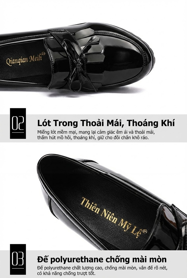 Giày Lười Nữ Da Bóng Đế Răng Cưa Chiều Cao Đế Khoảng 5cm Màu Đen, Trắng chi tiết 7