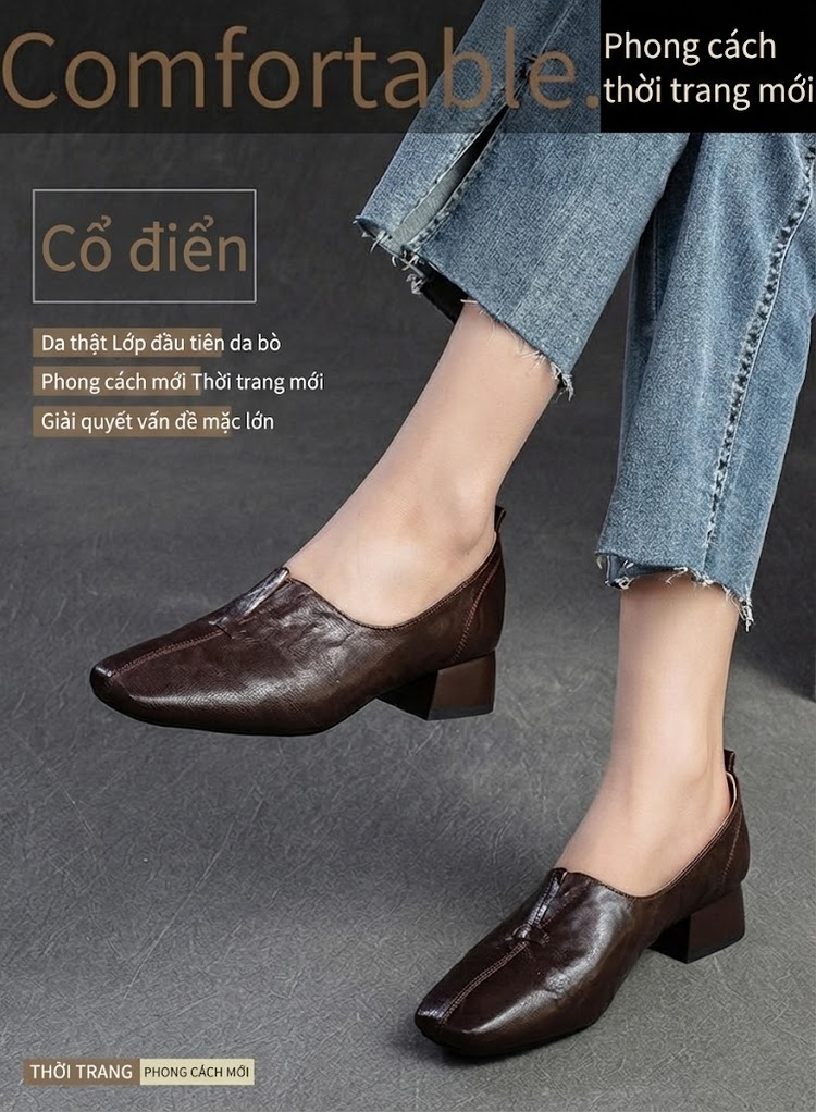 Giày Lười Nữ Da Bóng Mũi Vuông Chiều Cao Đế Khoảng 3cm Màu Đen, Nâu chi tiết 1
