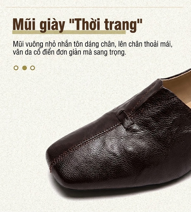Giày Lười Nữ Da Bóng Mũi Vuông Chiều Cao Đế Khoảng 3cm Màu Đen, Nâu chi tiết 3