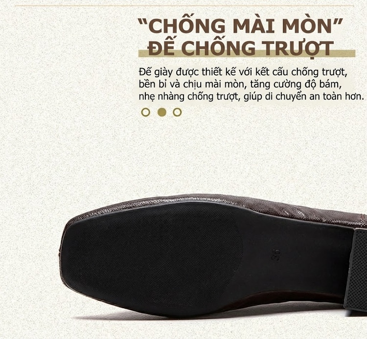 Giày Lười Nữ Da Bóng Mũi Vuông Chiều Cao Đế Khoảng 3cm Màu Đen, Nâu chi tiết 4