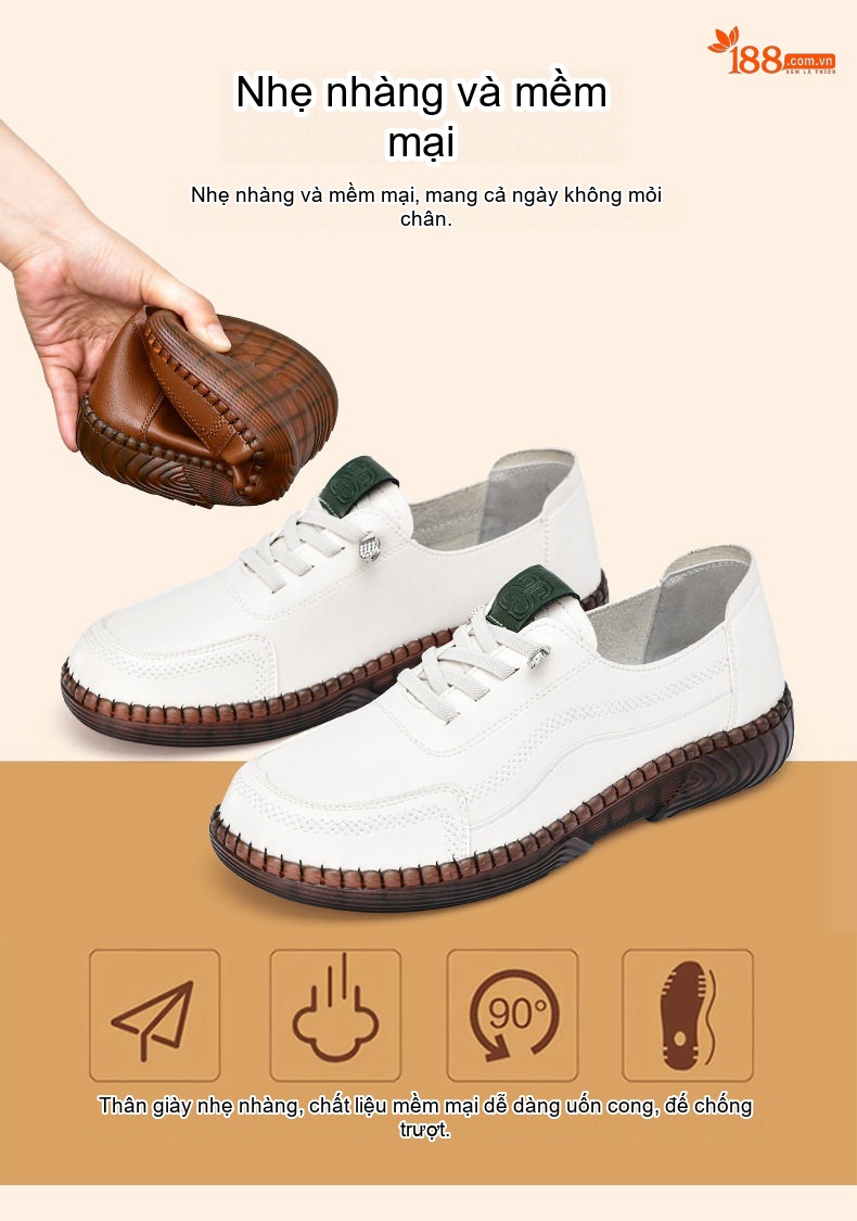 Giày Lười Nữ Da Mềm Chống Trượt Chiều Cao Đế Khoảng 2cm Màu Nâu, Đen, Trắng chi tiết 2
