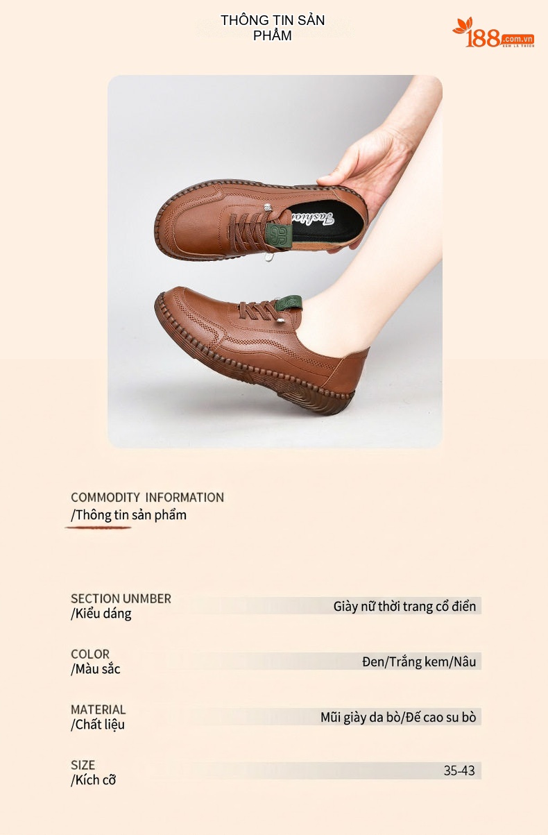 Giày Lười Nữ Da Mềm Chống Trượt Chiều Cao Đế Khoảng 2cm Màu Nâu, Đen, Trắng chi tiết 5