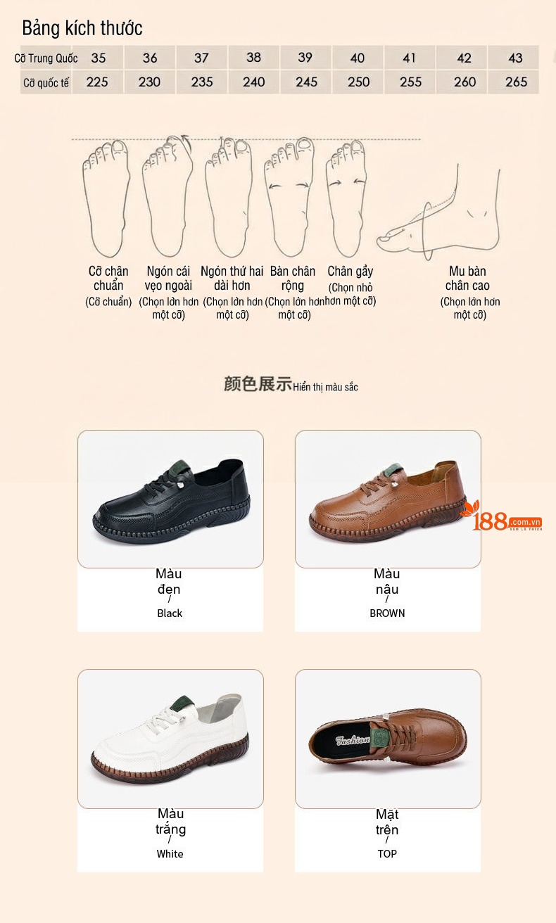 Giày Lười Nữ Da Mềm Chống Trượt Chiều Cao Đế Khoảng 2cm Màu Nâu, Đen, Trắng chi tiết 6