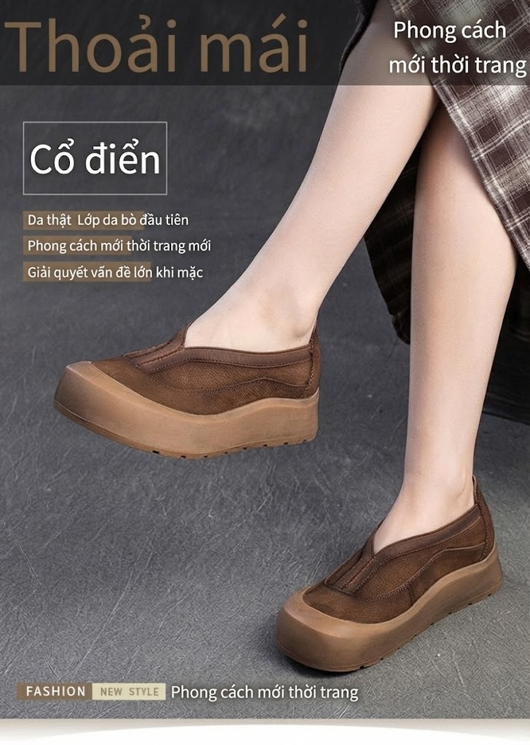 Giày Lười Nữ Da Mờ Đế Bệt Chiều Cao Đế Khoảng 4cm Màu Nâu chi tiết 2