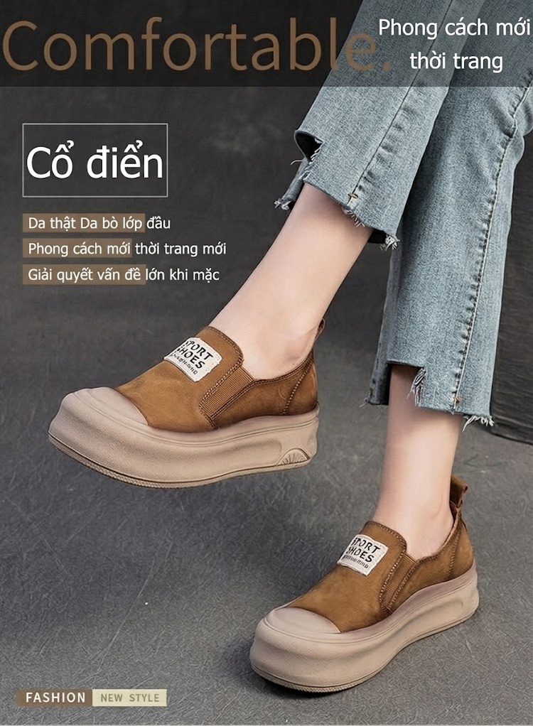 Giày Lười Nữ Da Mờ Đế Dày Chiều Cao Đế Khoảng 5cm Màu Nâu, Be chi tiết 2