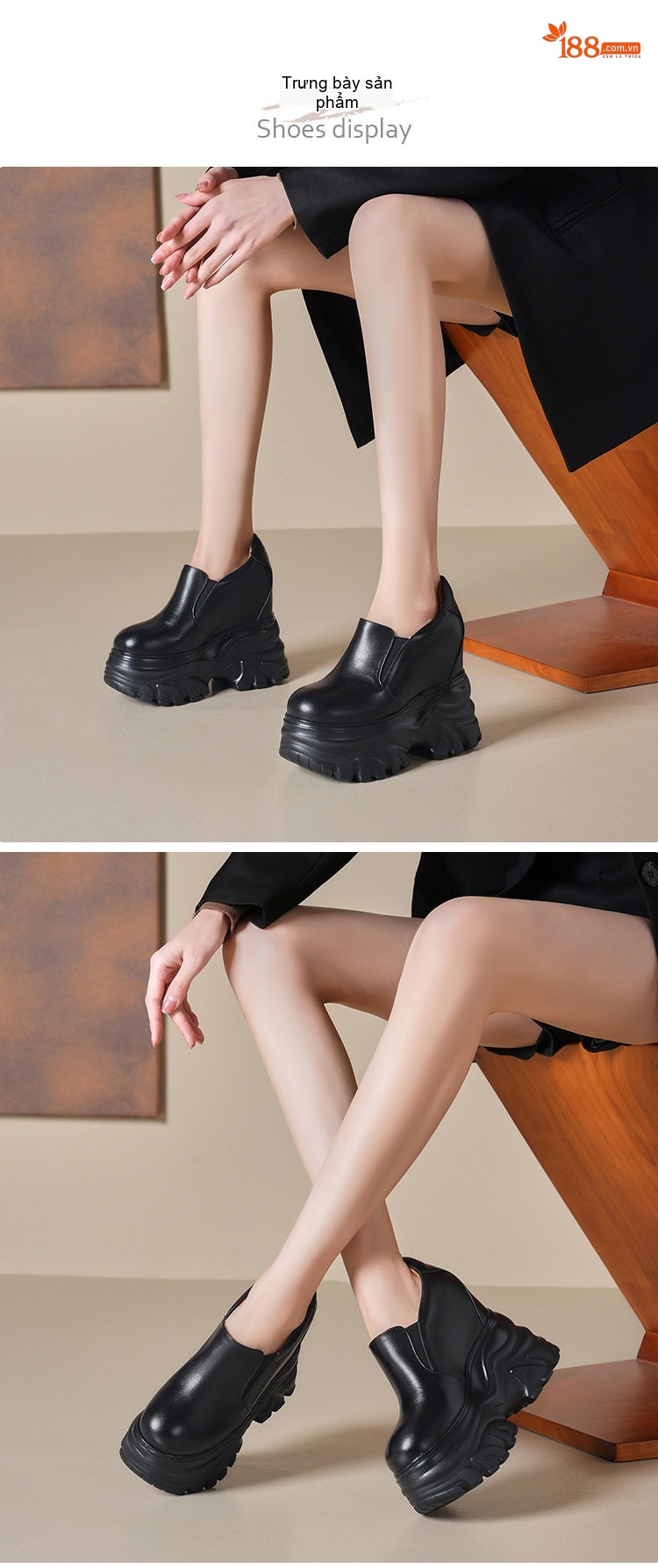 Giày Lười Nữ Da Thật Đế Xuồng Chiều Cao 12cm Màu Đen, Trắng chi tiết 1