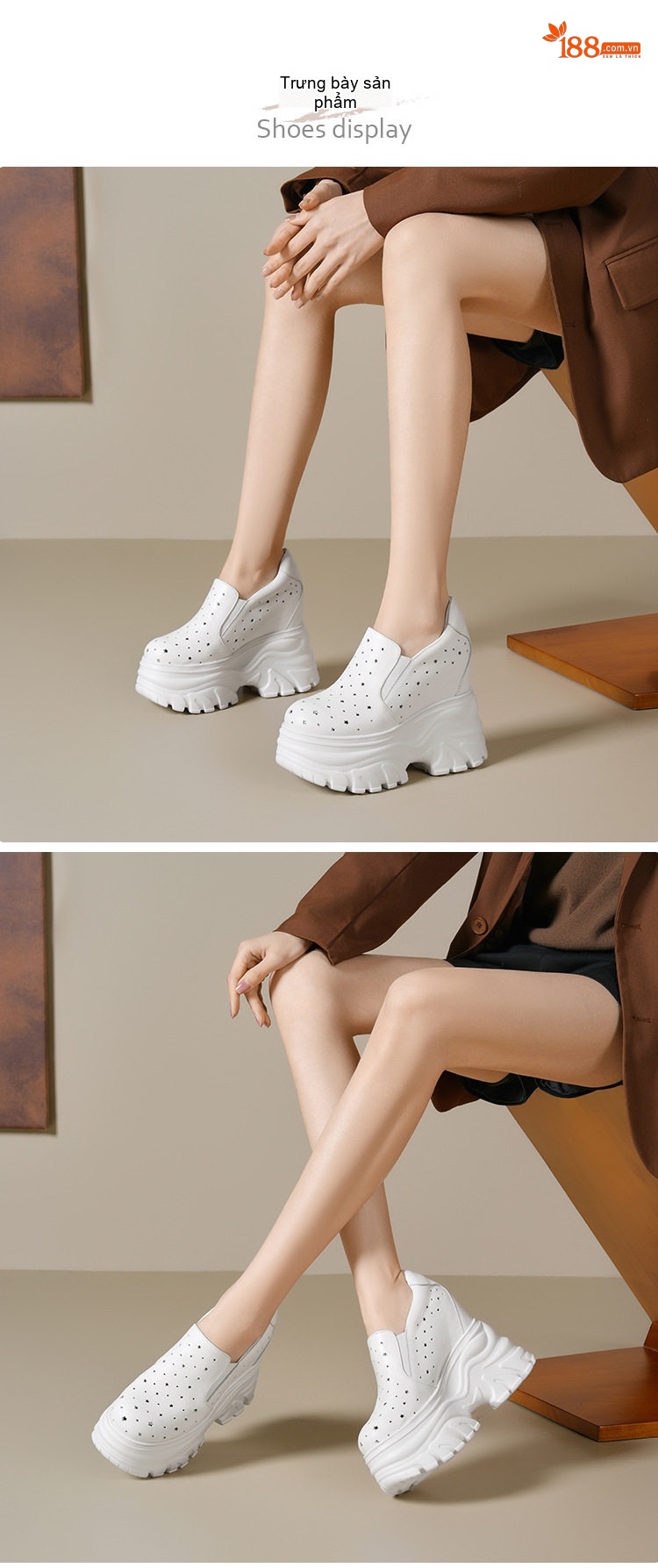 Giày Lười Nữ Da Thật Lỗ Thoáng Khí Chiều Cao Đế Khoảng 14cm Màu Trắng, Đen chi tiết 2