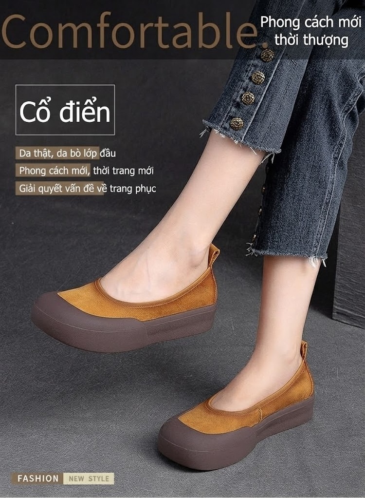 Giày Lười Nữ Đầu Tròn Da Bò Chiều Cao Đế Khoảng 3cm Màu Nâu Đỏ, Vàng Nâu chi tiết 2