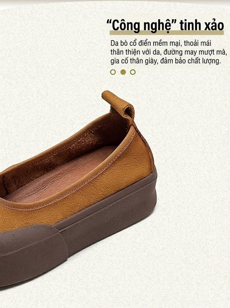Giày Lười Nữ Đầu Tròn Da Bò Chiều Cao Đế Khoảng 3cm Màu Nâu Đỏ, Vàng Nâu chi tiết 3