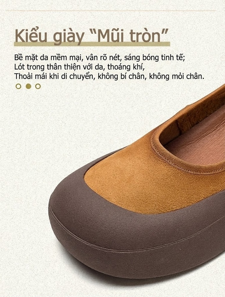 Giày Lười Nữ Đầu Tròn Da Bò Chiều Cao Đế Khoảng 3cm Màu Nâu Đỏ, Vàng Nâu chi tiết 4