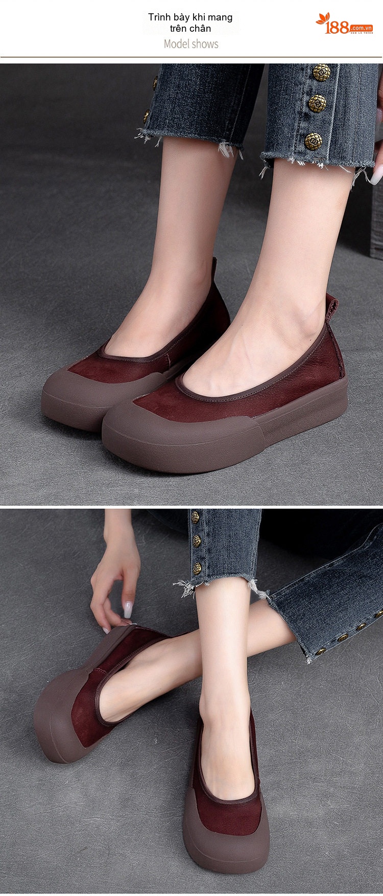 Giày Lười Nữ Đầu Tròn Da Bò Chiều Cao Đế Khoảng 3cm Màu Nâu Đỏ, Vàng Nâu chi tiết 7