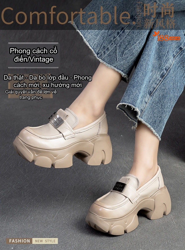 Giày Lười Nữ Đế Cao Khoảng 5cm Phong Cách Mary Jane Màu Đen, Kem chi tiết 1