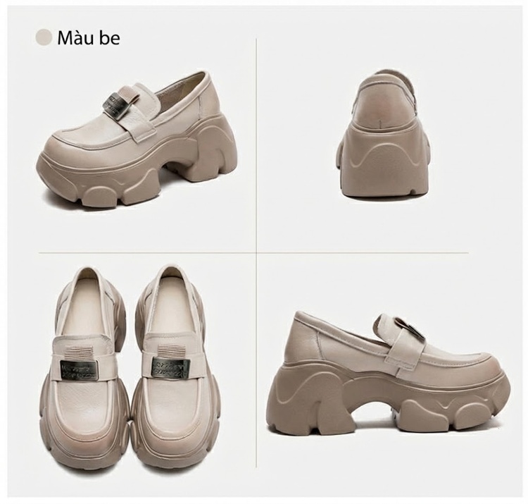 Giày Lười Nữ Đế Cao Khoảng 5cm Phong Cách Mary Jane Màu Đen, Kem chi tiết 13