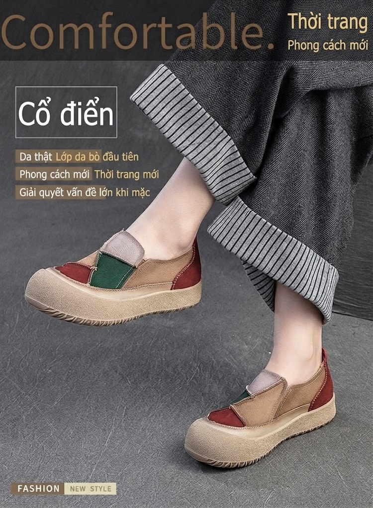Giày Lười Nữ Đế Dày Chiều Cao Đế Khoảng 3cm Phong Cách Retro Màu Nâu, Đỏ, Xám, Xanh Lá chi tiết 1