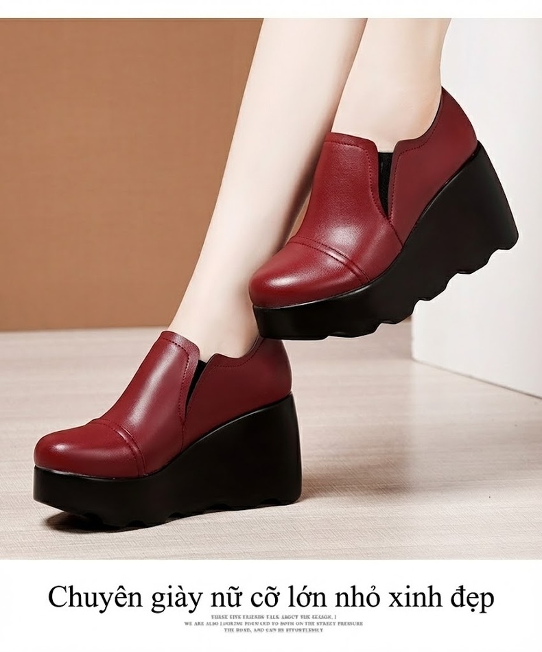 Giày Lười Nữ Đế Xuồng Chiều Cao Đế 8cm Da Bóng Mũi Tròn Màu Đen, Đỏ Rượu Vang chi tiết 12