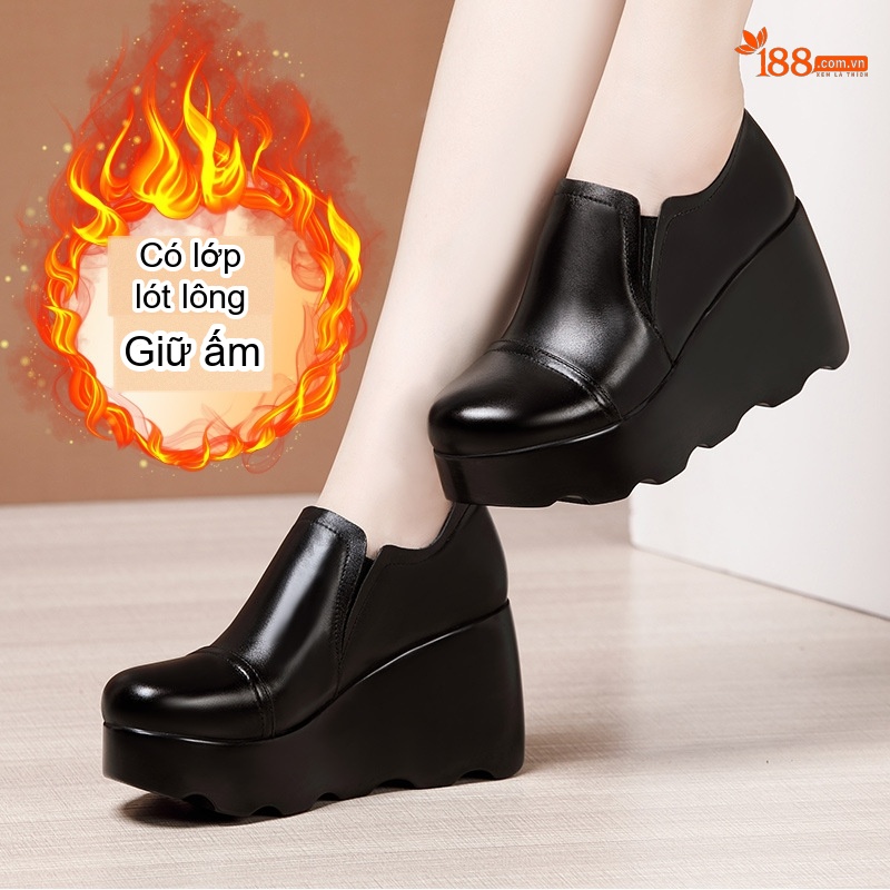 Giày Lười Nữ Đế Xuồng Chiều Cao Đế 8cm Da Bóng Mũi Tròn Màu Đen, Đỏ Rượu Vang