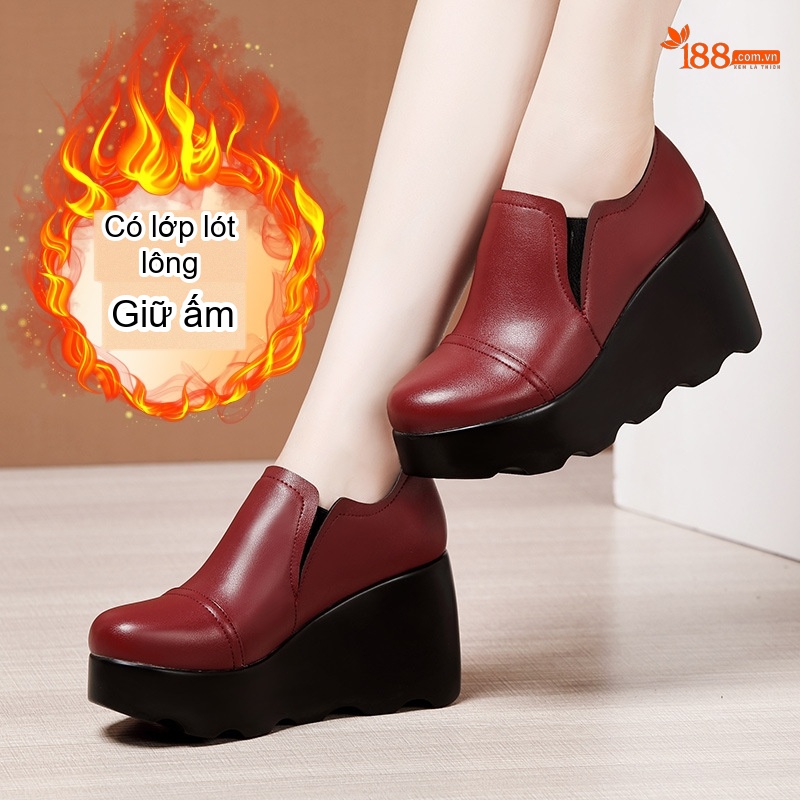 Giày Lười Nữ Đế Xuồng Chiều Cao Đế 8cm Da Bóng Mũi Tròn Màu Đen, Đỏ Rượu Vang